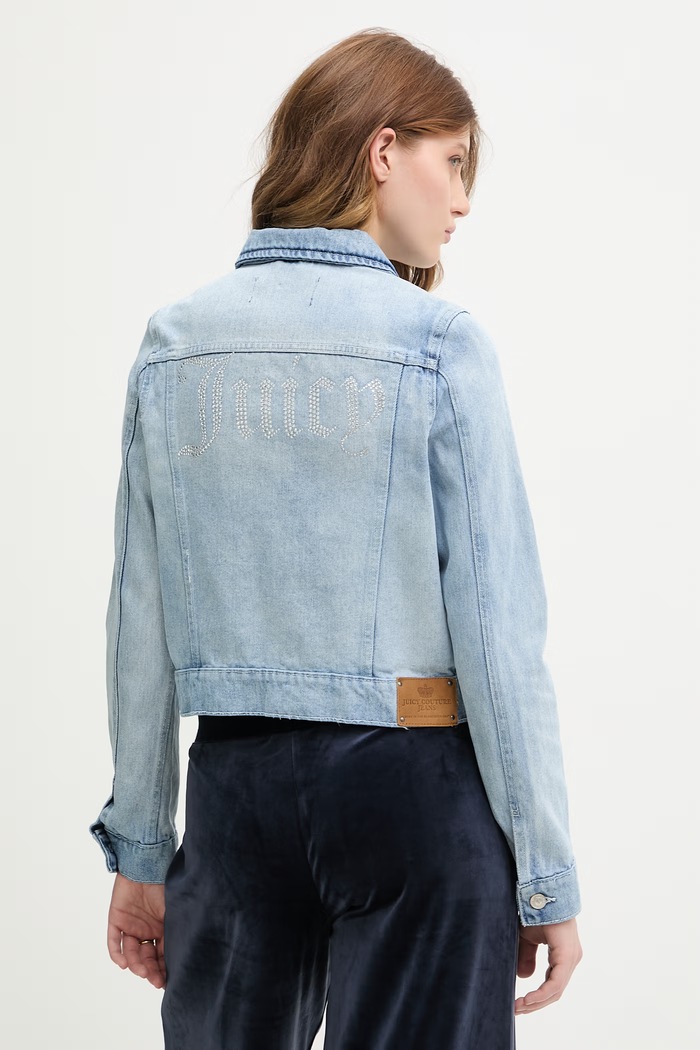 Odzież Juicy Couture kurtka jeansowa damska bawełniana DIAMANTE CROPPE JCDIJ126957 niebieski