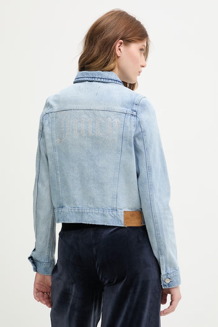 Odzież Juicy Couture kurtka jeansowa damska bawełniana DIAMANTE CROPPE JCDIJ126957 niebieski
