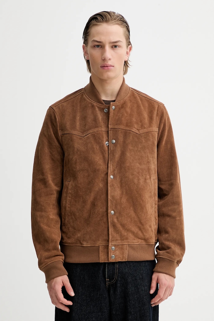 Semišová bunda bomber AllSaints bez kapucne hnedá M034LD