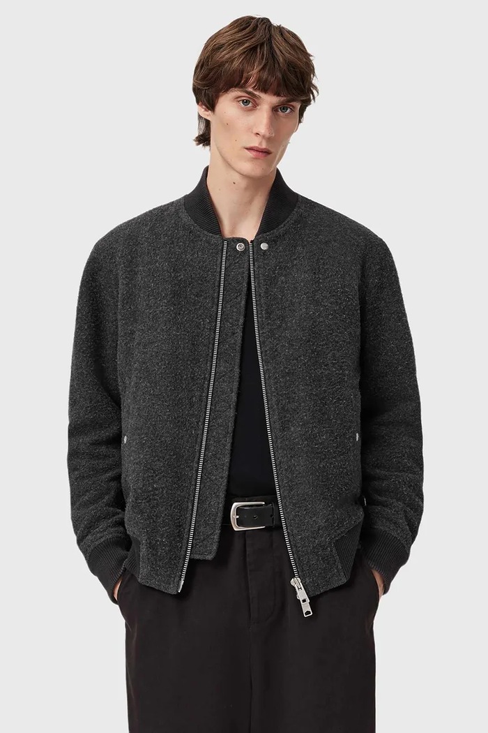 Bomber bunda s prímesou vlny AllSaints bomber sivá M047OD