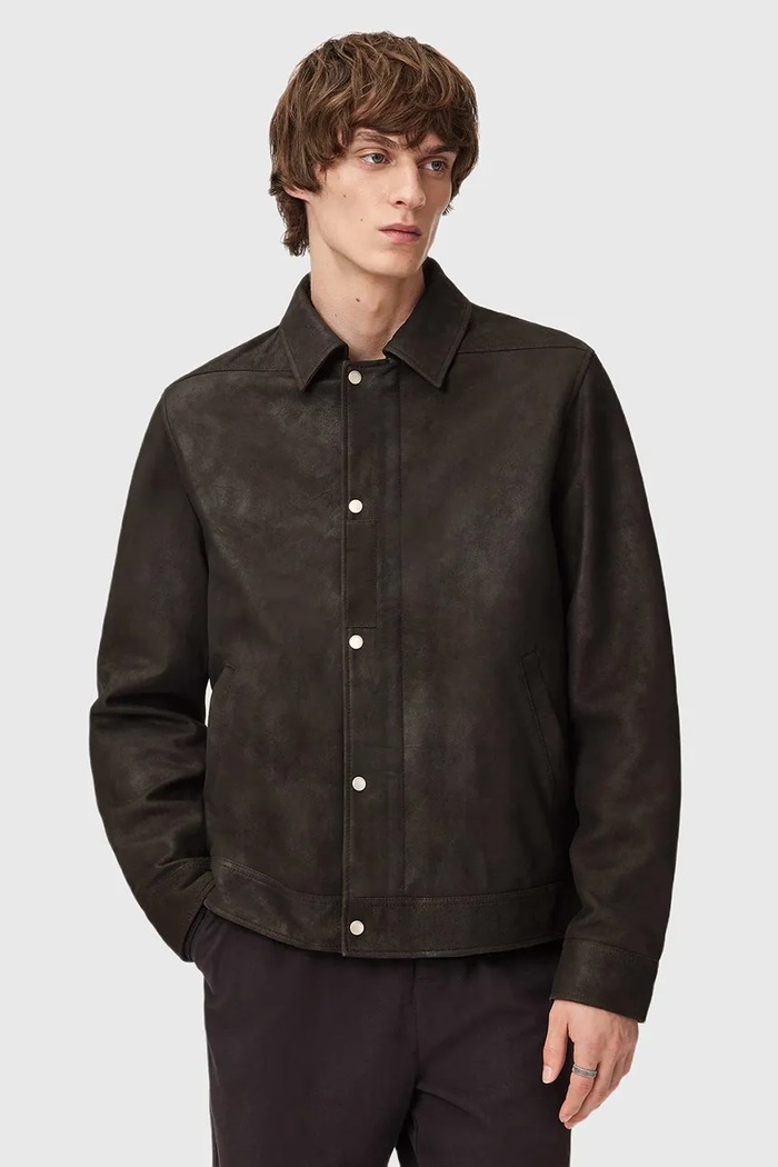 Μπουφάν AllSaints δέρμα σαμουά καφέ M037LD