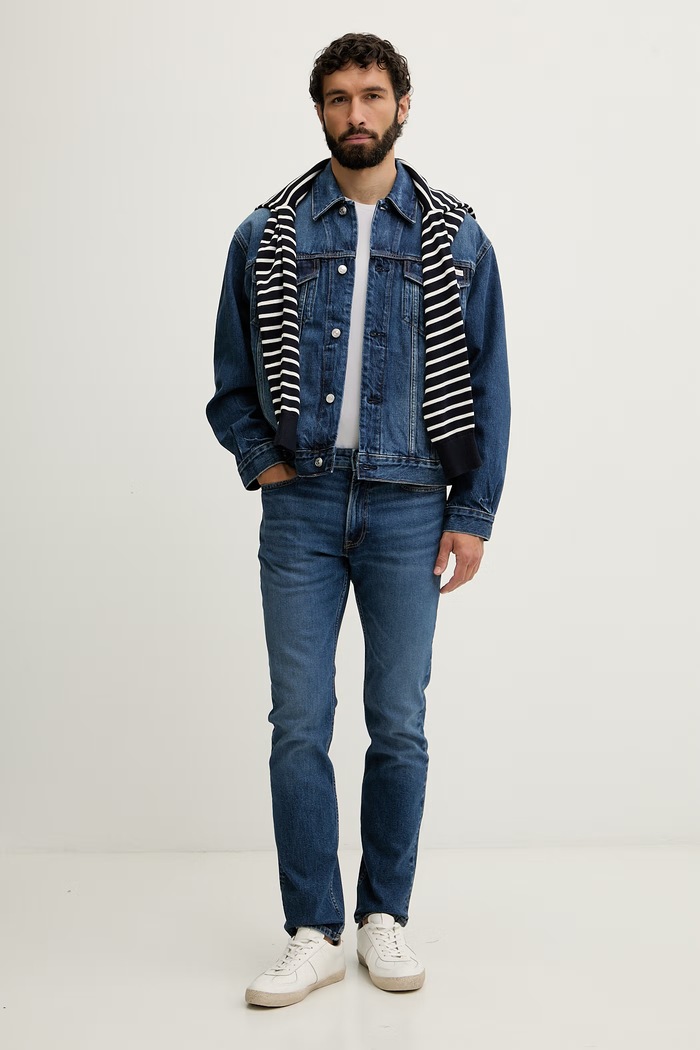 Calvin Klein Jeans džínsová bunda pánska bavlnená LV04RF705G tmavomodrá SS26