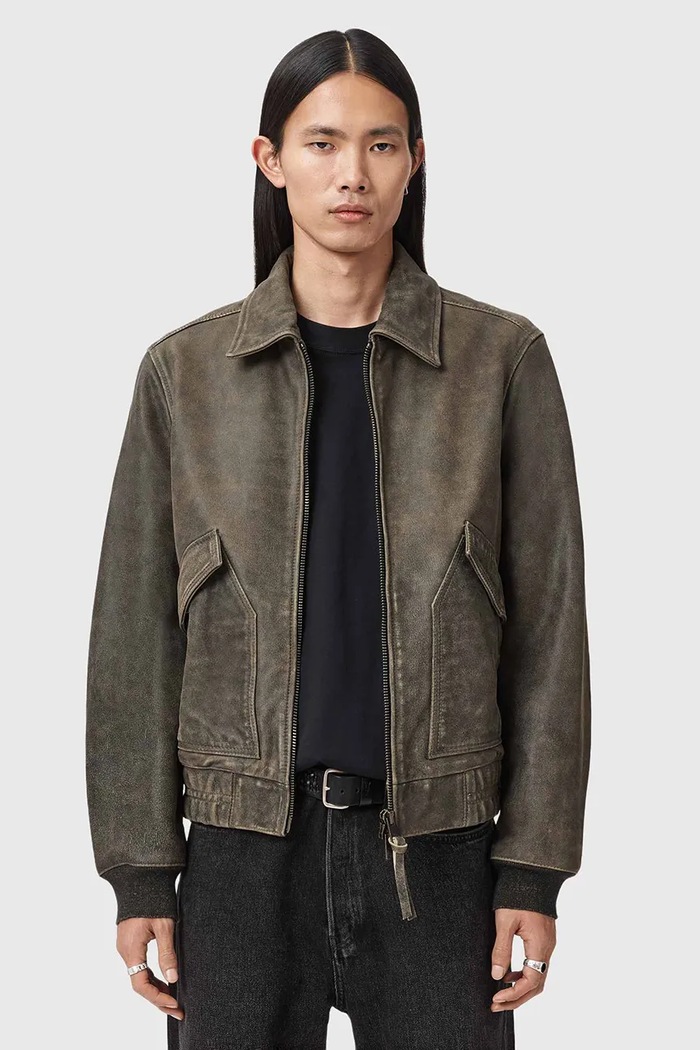 Δερμάτινο μπουφάν AllSaints MARLAND λείο δέρμα καφέ M003LE