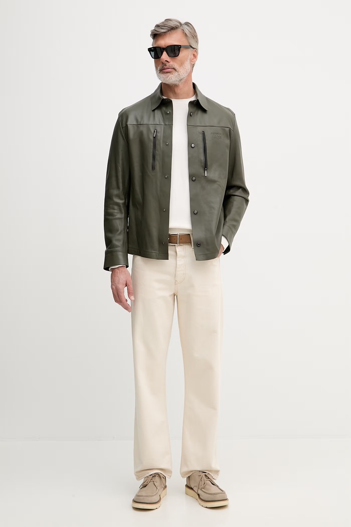 BOSS Green krátká bunda pánská kožená BOSS X PORSCHE 50560422 zelená SS26