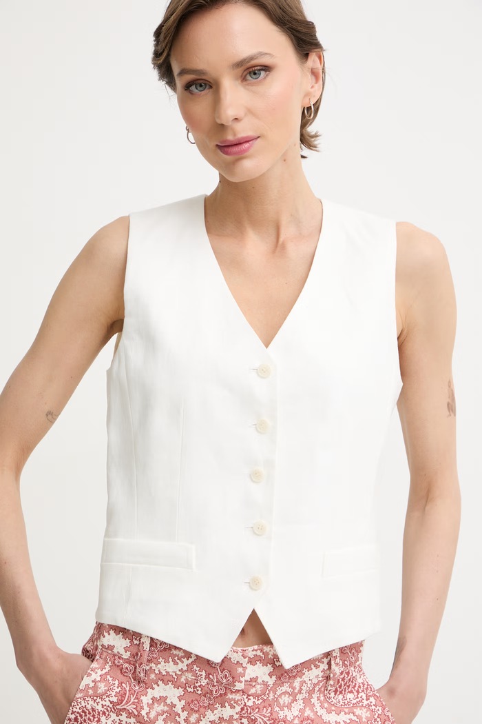 Weekend Max Mara kamizelka jednorzędowa damska lniana PACE beżowy 2615151012600