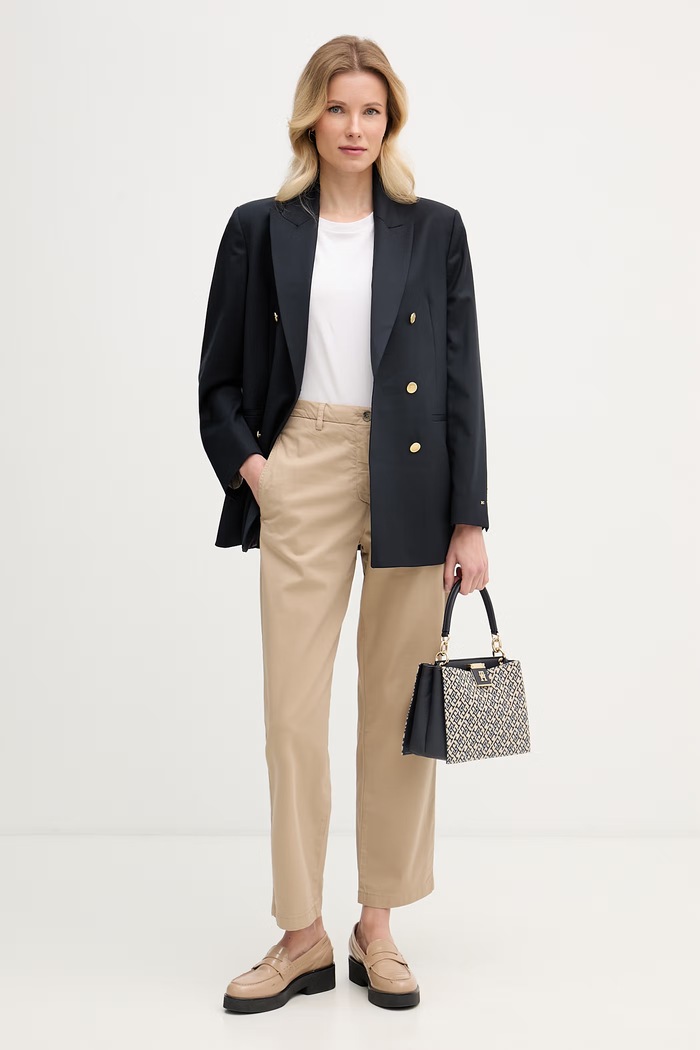 Tommy Hilfiger marynarka dwurzędowa damska z dodatkiem wełny WW0WW50784 granatowy SS26