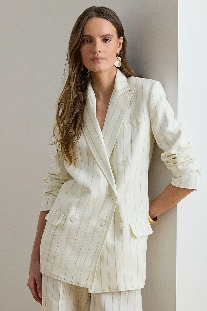 Lauren Ralph Lauren dvojradové sako dámske ľanové béžová 200P13586