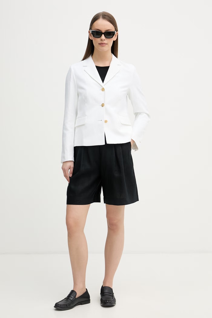 Tommy Hilfiger jednoradové sako dámske s prímesou ľanu WW0WW49335 biela SS26