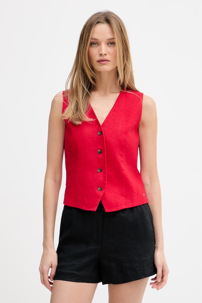 Tommy Hilfiger kamizelka jednorzędowa damska z lnem czerwony WW0WW50765
