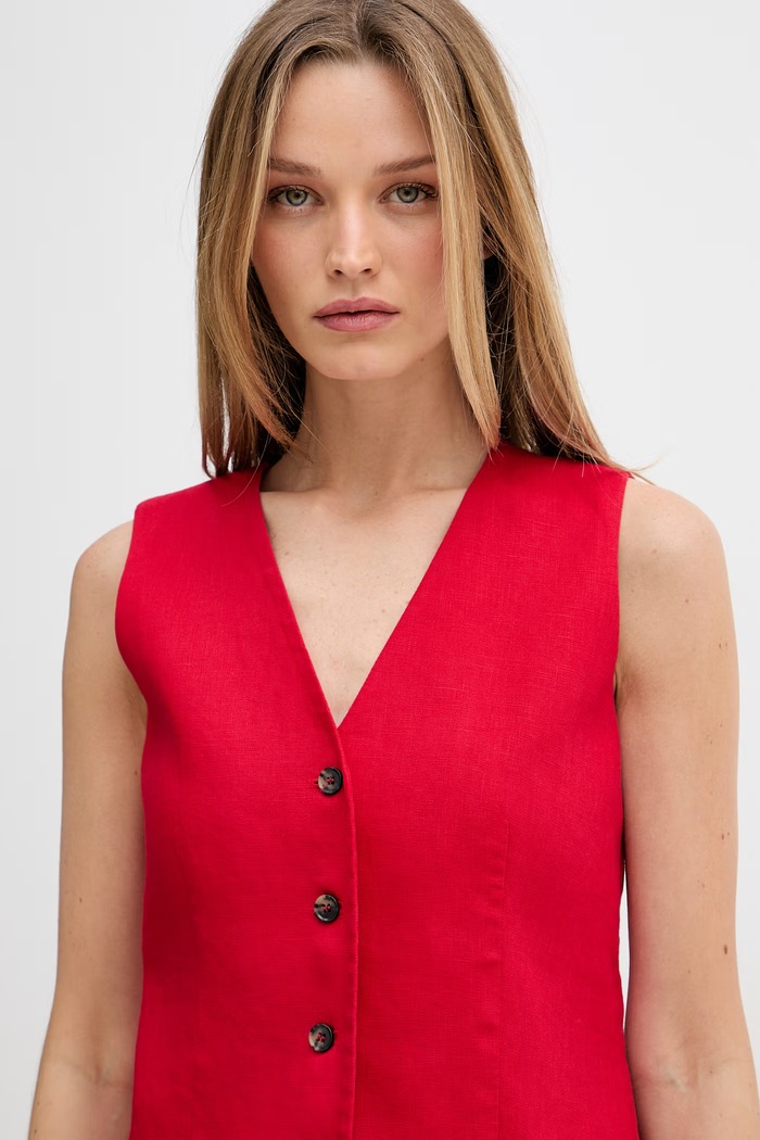 Tommy Hilfiger kamizelka jednorzędowa damska z lnem czerwony WW0WW50765