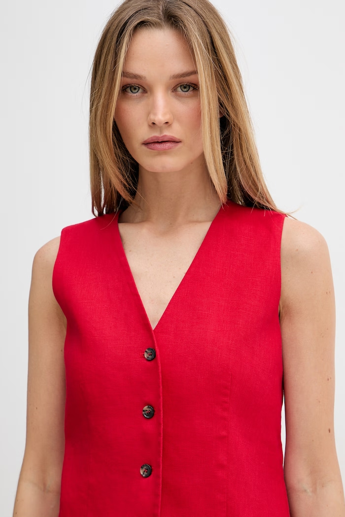 Tommy Hilfiger kamizelka jednorzędowa damska z lnem czerwony WW0WW50765