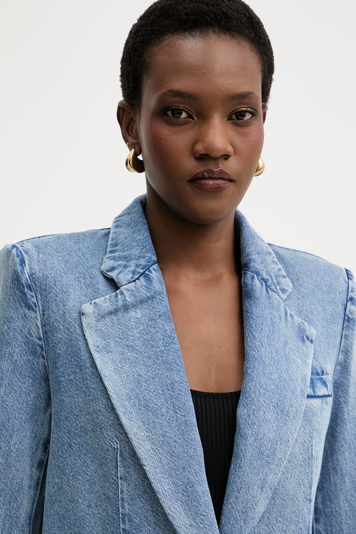 Armani Exchange sacou cu un singur rând de nasturi pentru femei, din denim albastru XW002262.AF21338