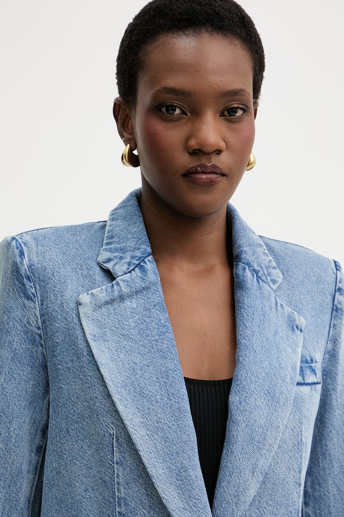 Armani Exchange sacou cu un singur rând de nasturi pentru femei, din denim albastru XW002262.AF21338