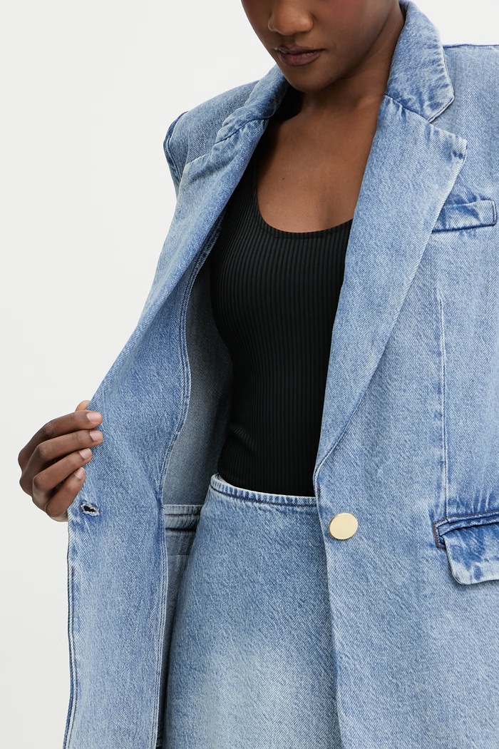 Armani Exchange sacou cu un singur rând de nasturi pentru femei, din denim XW002262.AF21338