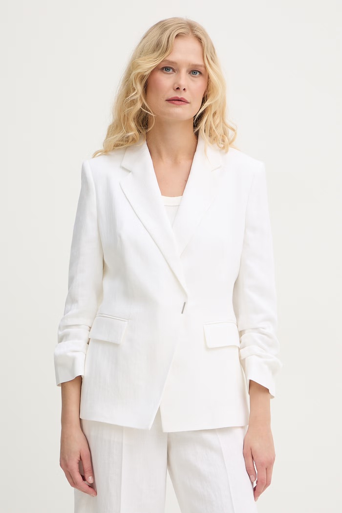 BOSS marynarka dwurzędowa damska z lnem Jia8 beżowy 50557249