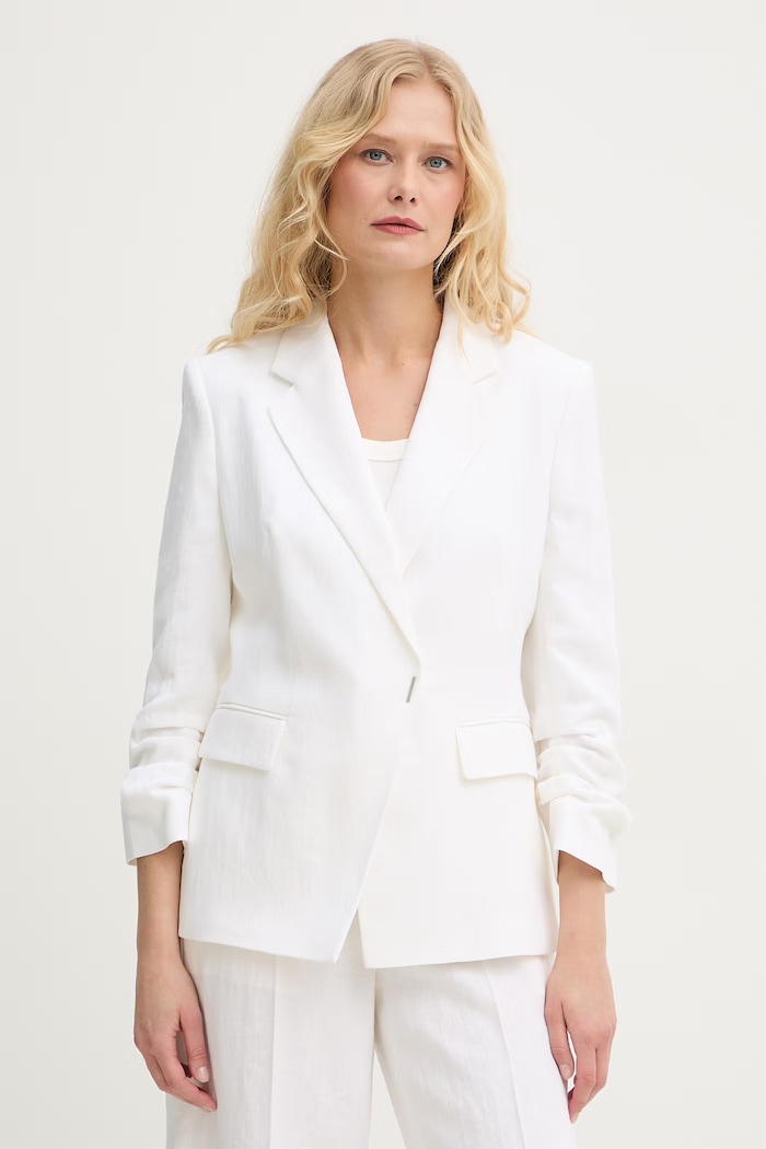 BOSS marynarka dwurzędowa damska z lnem Jia8 beżowy 50557249