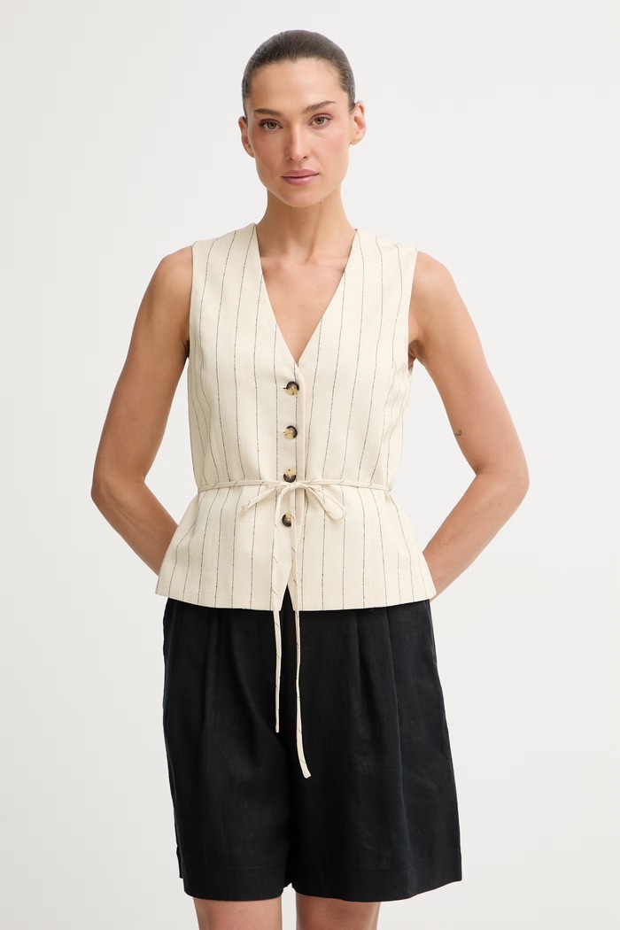 rag & bone jednoradová vesta dámska s prímesou ľanu Paulette béžová RA4O26S4MSW