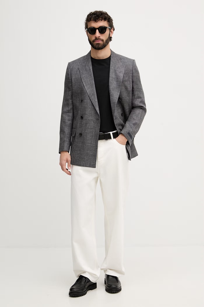 BOSS сако с двуредно закопчаване мъжки с вълна BOSS X DAVID BECKHAM 50563790 сив SS26