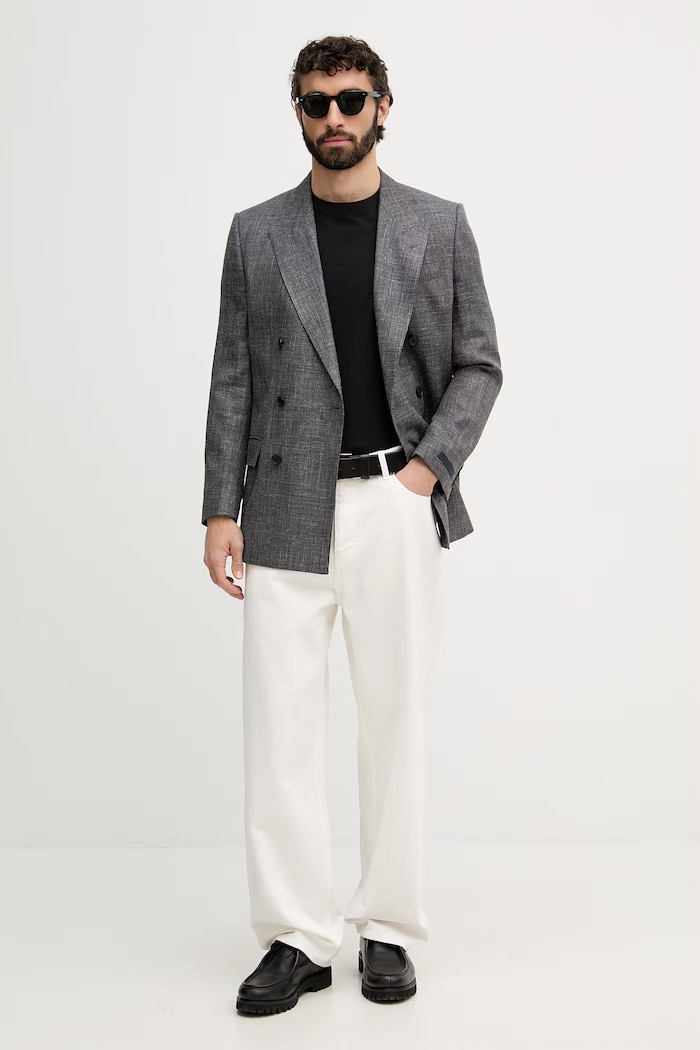 BOSS сако с двуредно закопчаване мъжки с вълна BOSS X DAVID BECKHAM 50563790 сив SS26