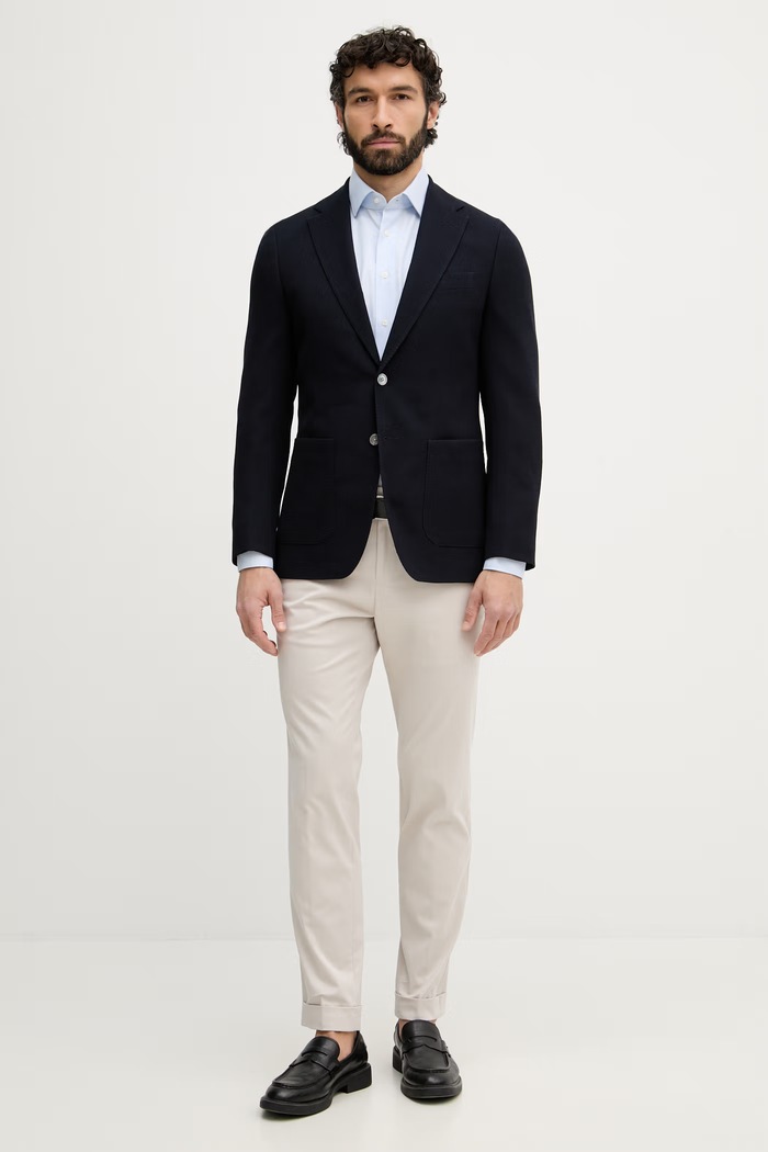 BOSS jednoradové sako pánske vlnené Hutson 50561882 tmavomodrá SS26