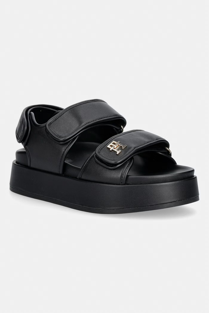 Tommy Hilfiger sandale cu platformă pentru femei, din piele LEATHER SPORTY PLATFORM SANDAL negru FW0FW09119
