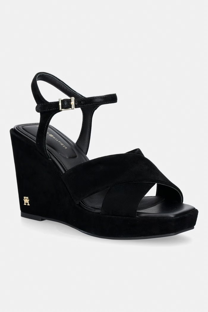 Tommy Hilfiger sandale wedges din piele întoarsă SUEDE WRAPPED HIGH WEDGE negru FW0FW09218