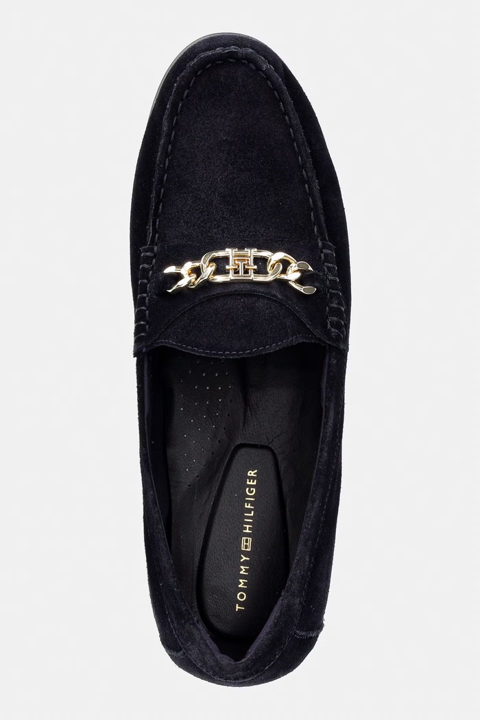Tommy Hilfiger dámske semišové mokasíny TH CHAIN SUEDE LOAFER tmavomodrá FW0FW09327