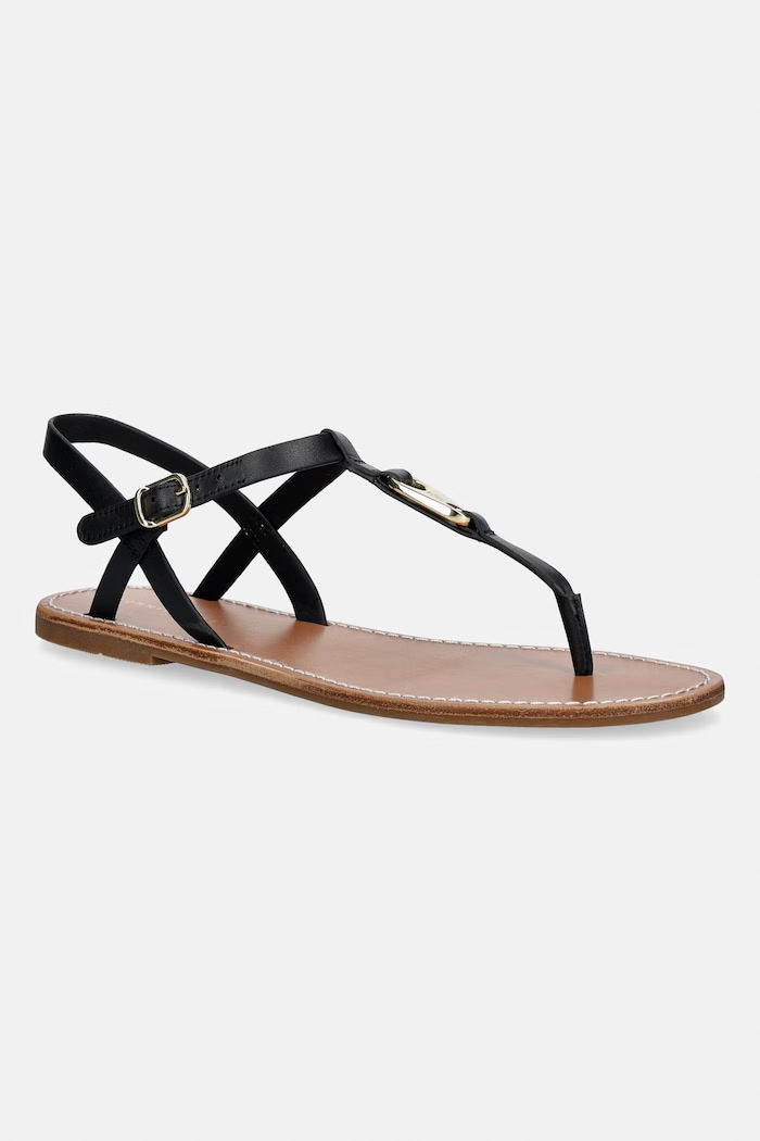 Tommy Hilfiger sandały na płaskim obcasie damskie skórzane LEATHER THONG SANDAL czarny FW0FW09127