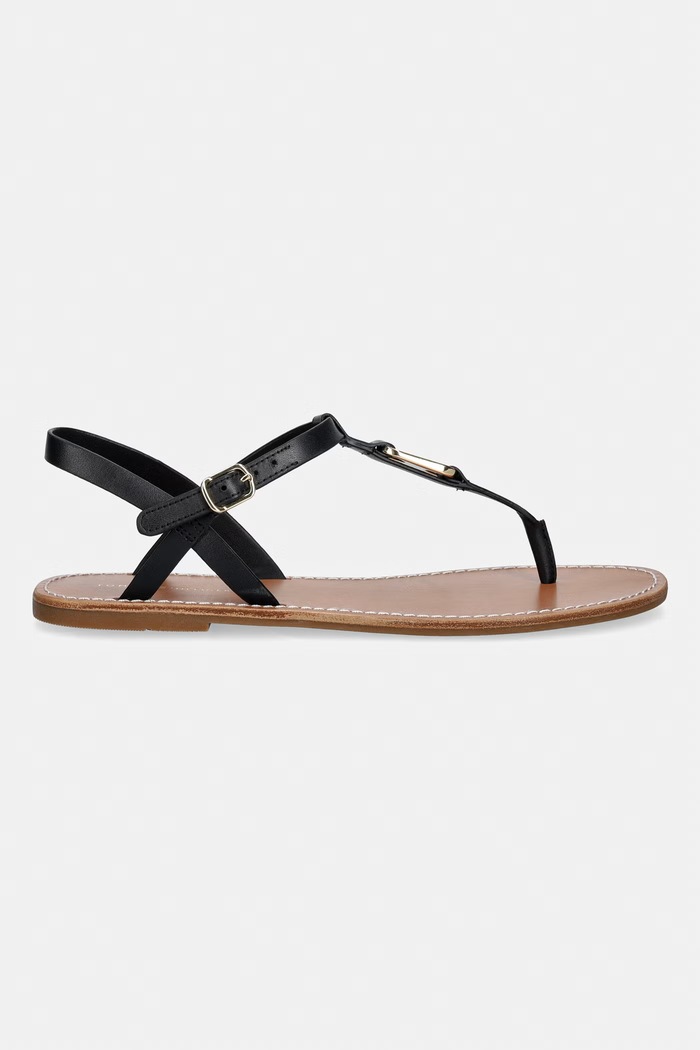 Tommy Hilfiger sandały na płaskim obcasie damskie skórzane LEATHER THONG SANDAL FW0FW09127 czarny SS26