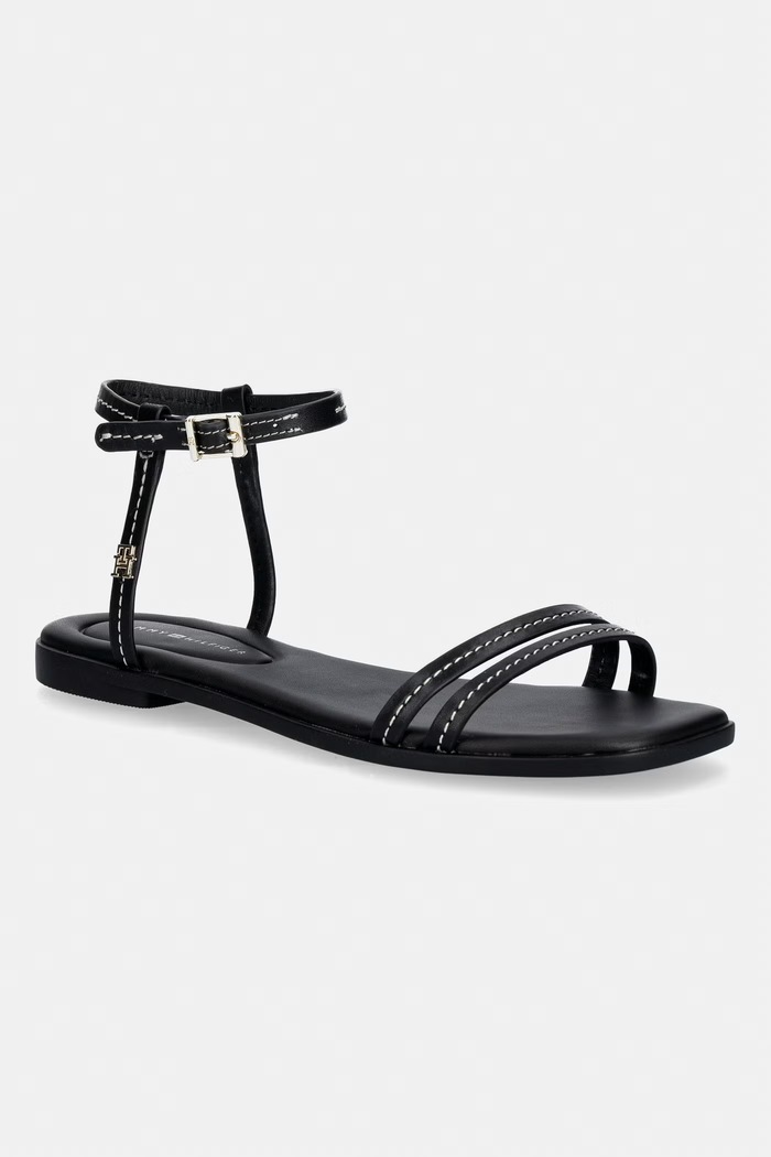 Tommy Hilfiger dámske kožené sandále FLAT SANDAL STITCHING čierna FW0FW09215