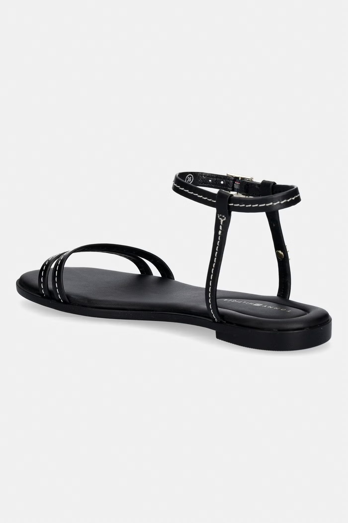 Obuv Tommy Hilfiger dámske kožené sandále FLAT SANDAL STITCHING FW0FW09215 čierna