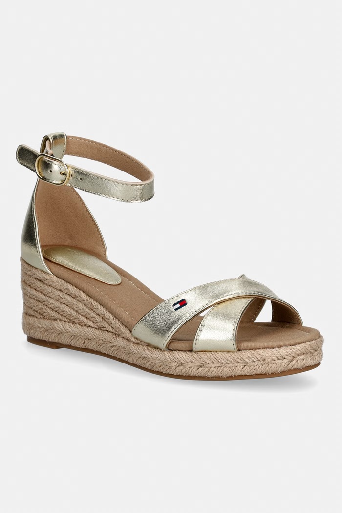 Tommy Hilfiger sandały na koturnie skórzane MID WEDGE ESPAD X CROSS GOLD złoty FW0FW09333