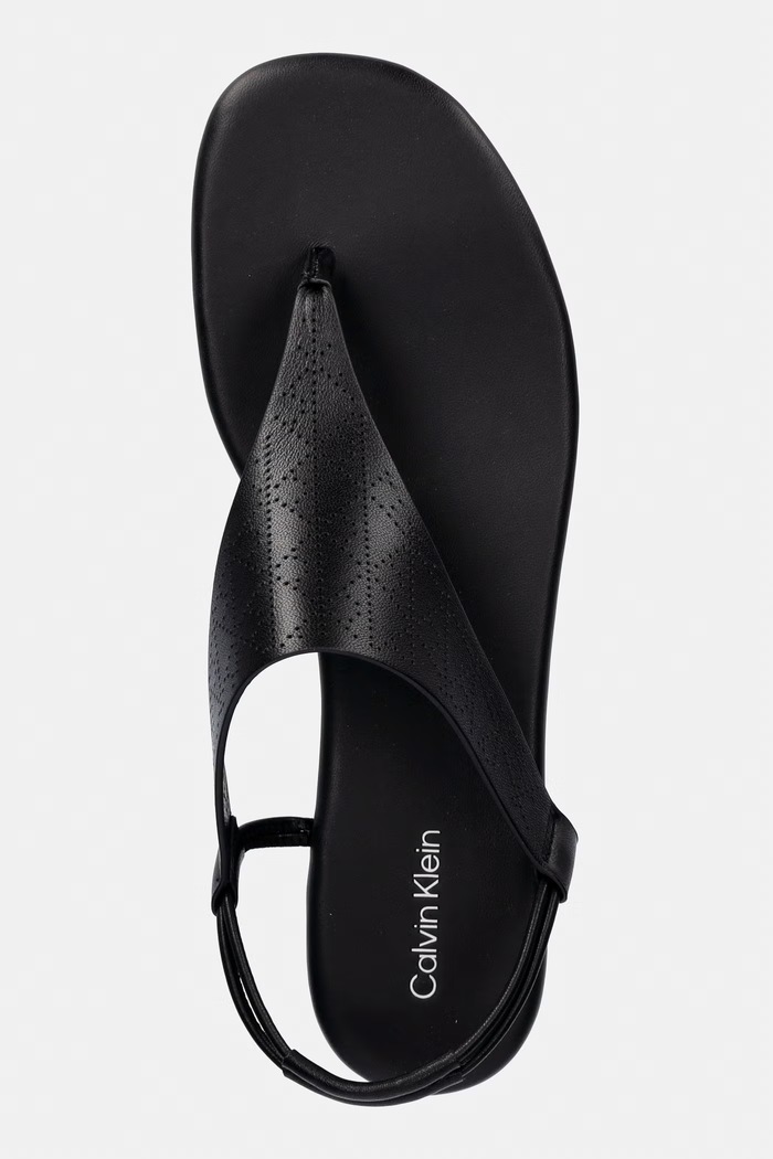Calvin Klein sandały damskie skórzane ORG FLAT SNDL THONG LTH AOP czarny HW0HW02858