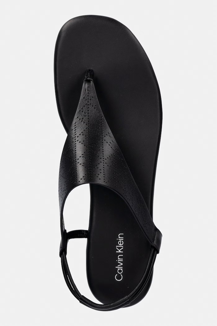 Calvin Klein sandały damskie skórzane ORG FLAT SNDL THONG LTH AOP czarny HW0HW02858