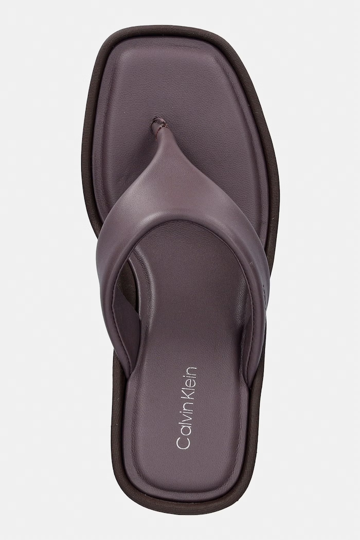 Calvin Klein japonki damskie skórzane WEDGE 70 SNDL THONG LTH brązowy HW0HW02880