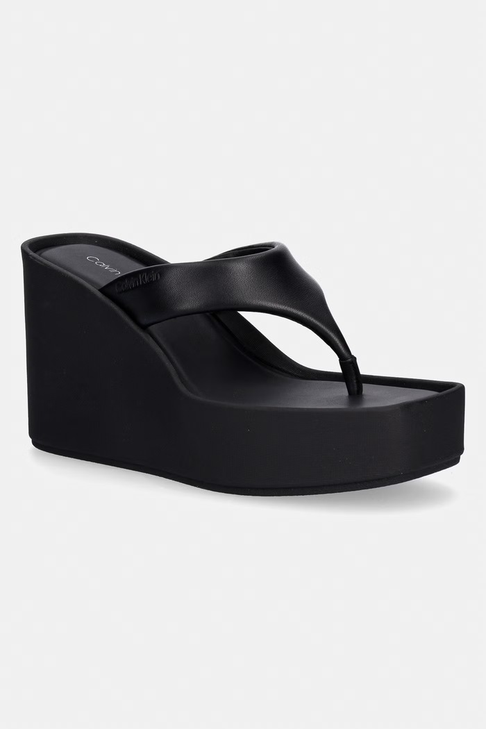 Calvin Klein japonki damskie skórzane WEDGE 70 SNDL THONG LTH czarny HW0HW02880