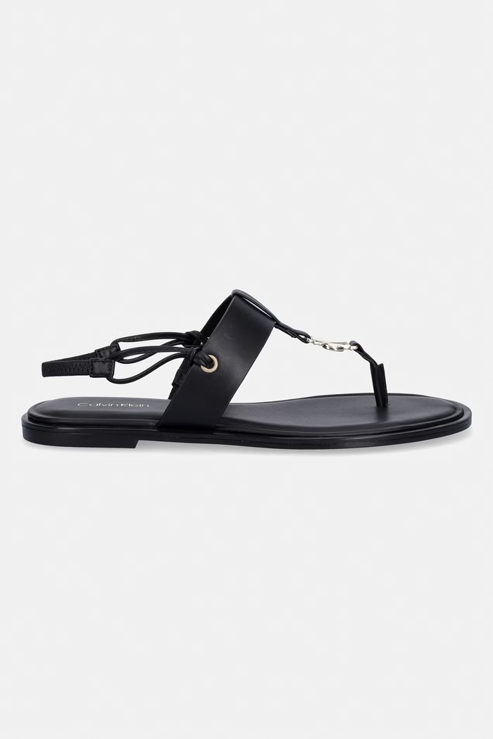 Calvin Klein sandále na plochom podpätku dámske kožené ROUND FLAT SNDL THONG LTH HDW HW0HW02926 čierna SS26