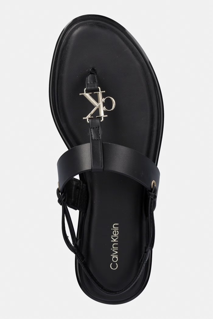 Calvin Klein sandále na plochom podpätku dámske kožené ROUND FLAT SNDL THONG LTH HDW čierna HW0HW02926
