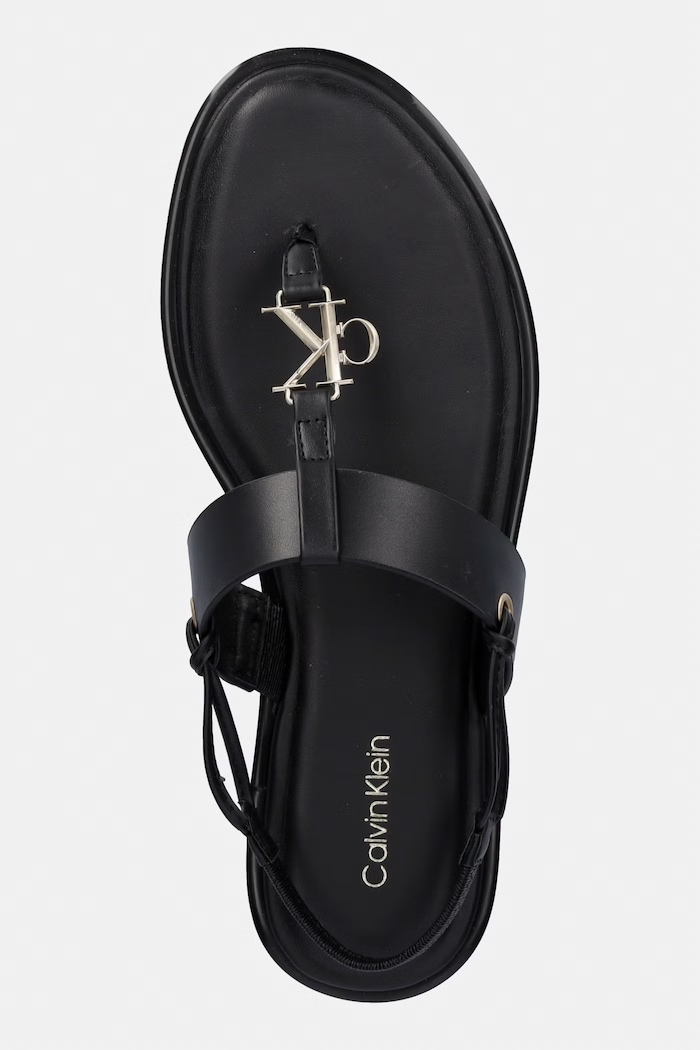 Calvin Klein sandále na plochom podpätku dámske kožené ROUND FLAT SNDL THONG LTH HDW čierna HW0HW02926