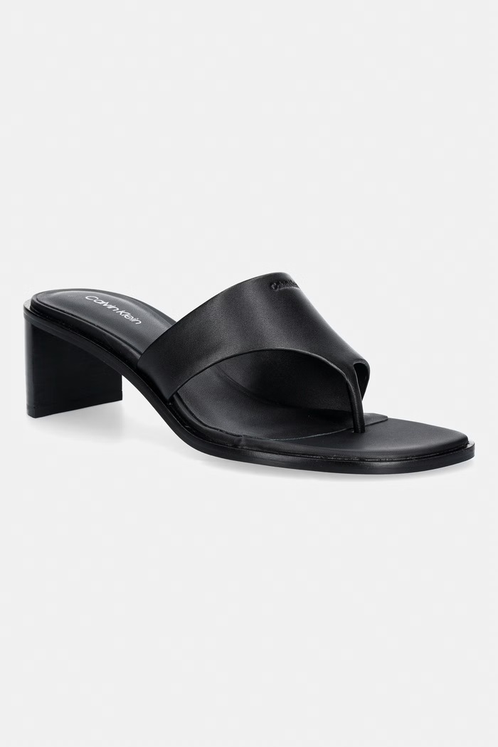 Calvin Klein japonki damskie skórzane BLOCK HEEL SNDL THONG LTH czarny HW0HW03017