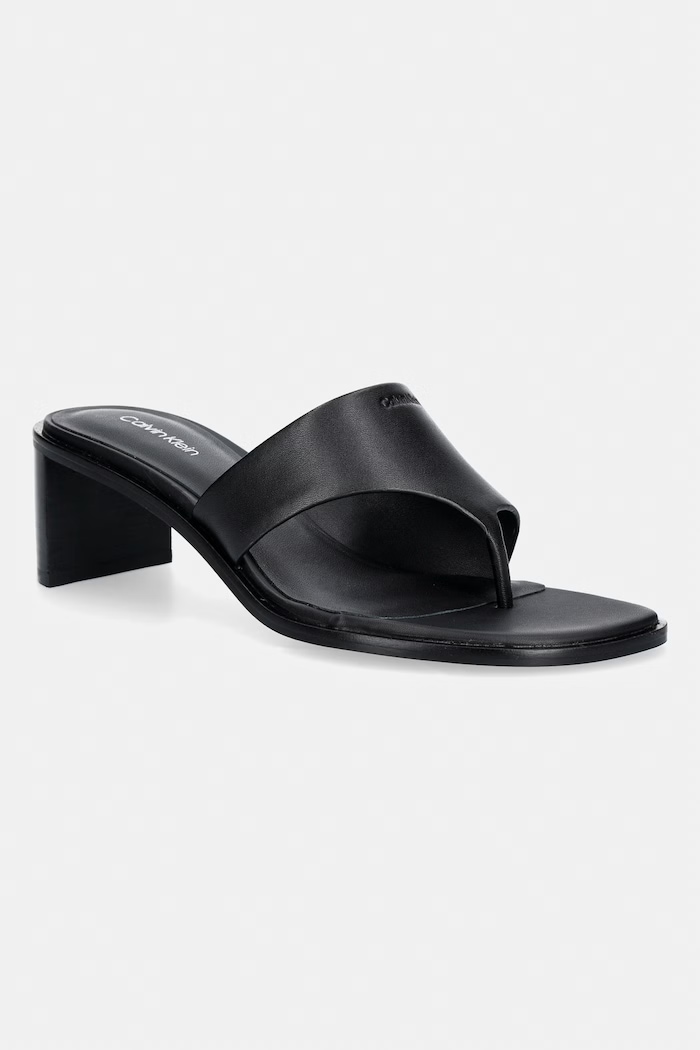 Calvin Klein japonki damskie skórzane BLOCK HEEL SNDL THONG LTH czarny HW0HW03017
