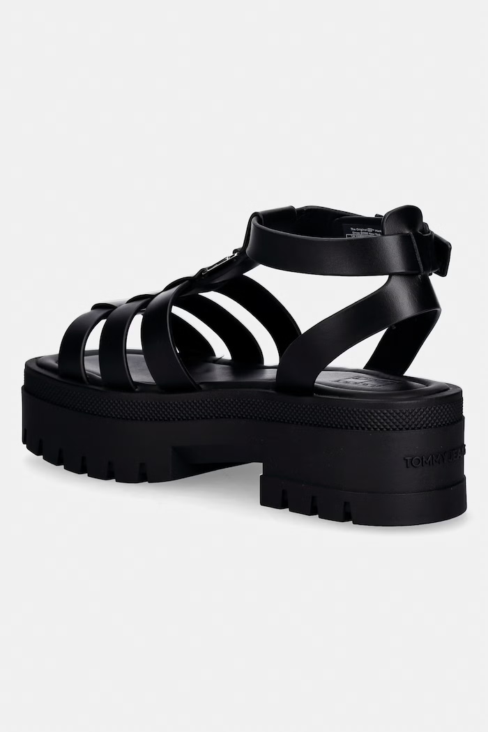 Încălțăminte Tommy Jeans sandale pentru femei, din piele TJW FISHERMAN LEATHER MAX SANDAL EN0EN02943 negru