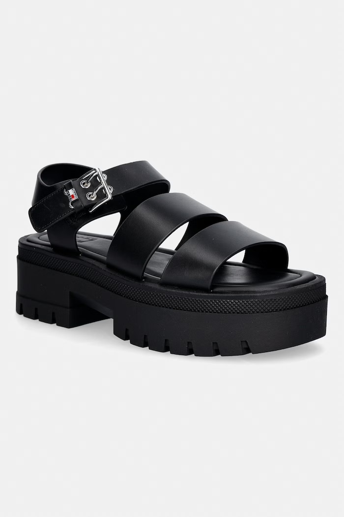 Tommy Jeans dámske kožené sandále TJW STRAPS LEATHER MAX SANDAL čierna EN0EN02944