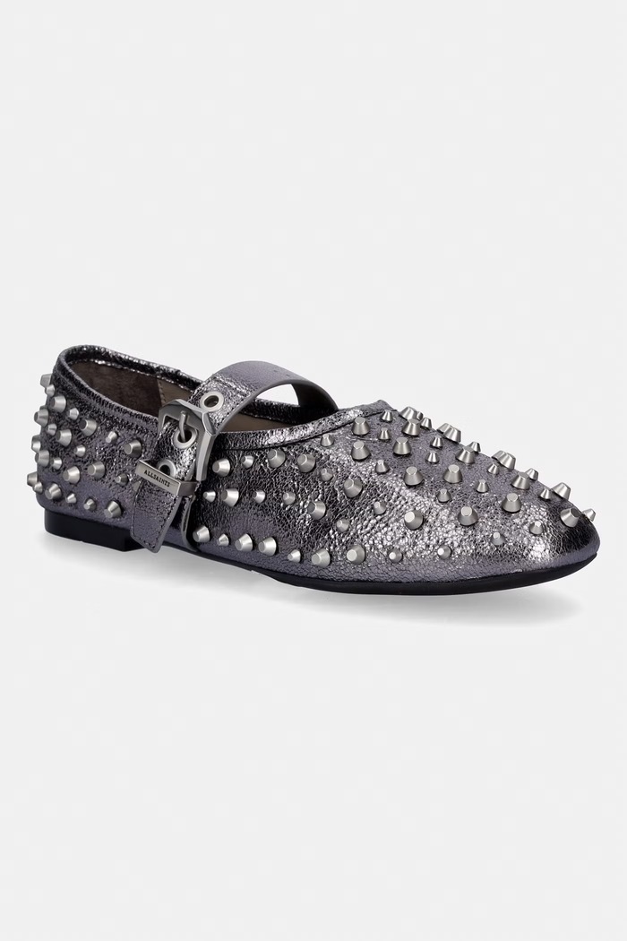 Kožené balerínky AllSaints Sabine Stud Shoe strieborná W089FE