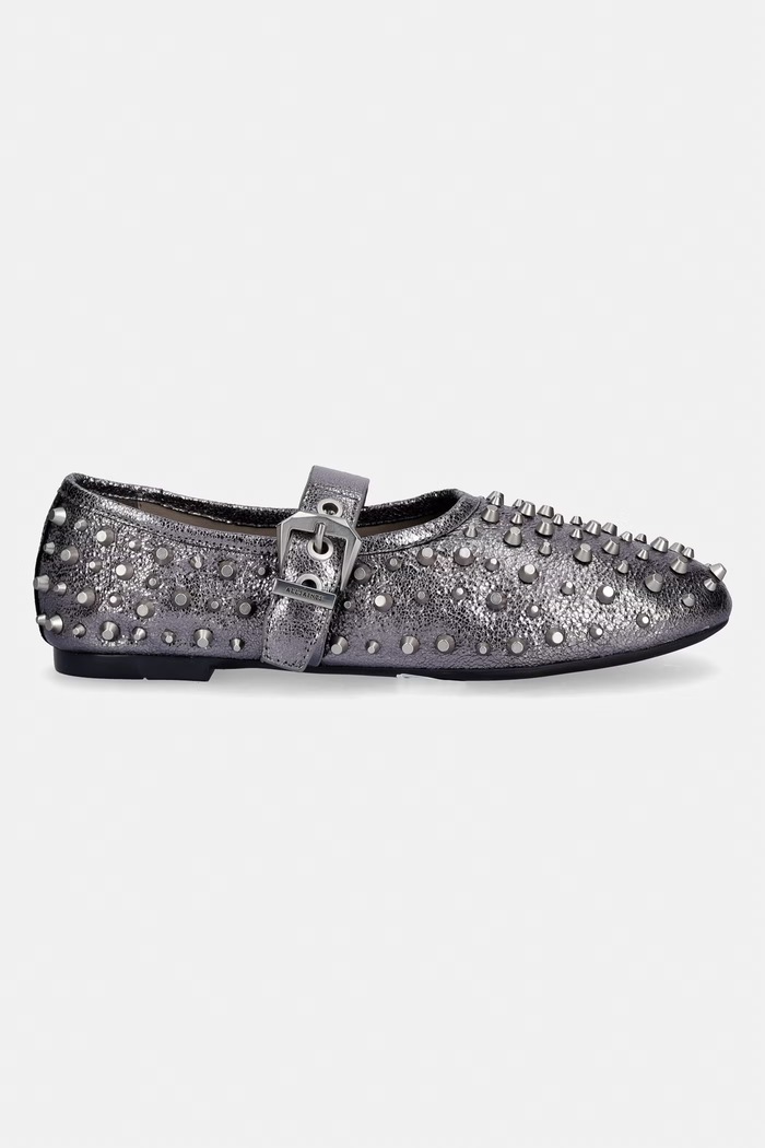 Kožené balerínky AllSaints Sabine Stud Shoe W089FE strieborná SS26