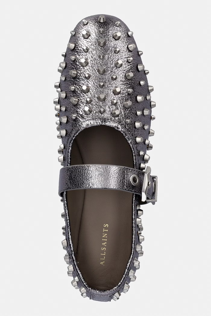 Kožené balerínky AllSaints Sabine Stud Shoe strieborná W089FE