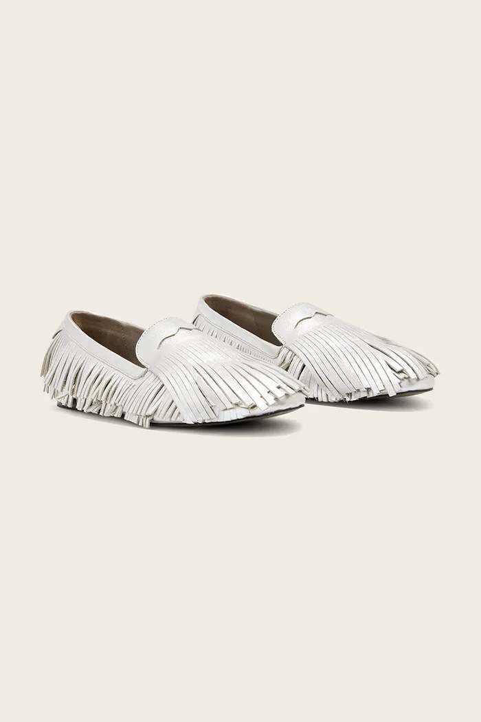 AllSaints loafersy damskie skórzane Sandy Fringe Loafer W079FE srebrny SS26