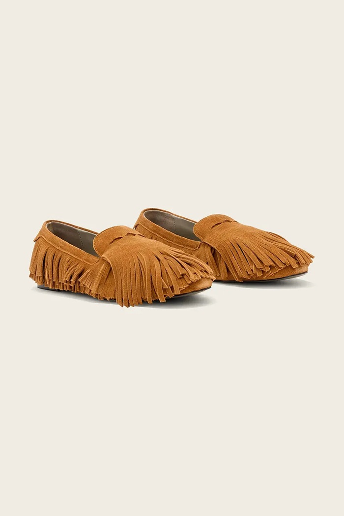 AllSaints női velúr mokaszin Sandy Fringe Loafer W017FE barna SS26