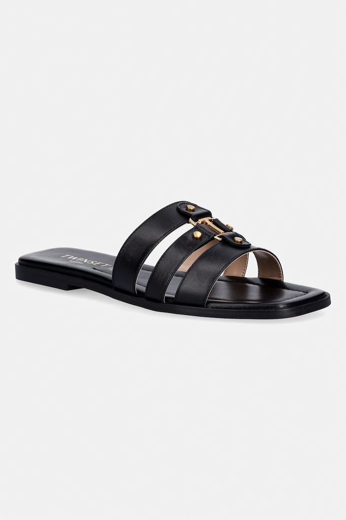 Twinset ciabatte slide in pelle pelle fiore nero 261TCP038.00006