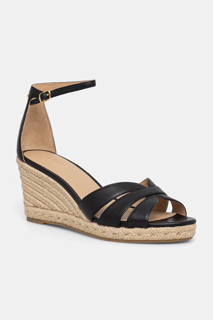 Lauren Ralph Lauren espadrilky na platforme po celej dĺžke dámske kožené Nellie čierna 802P04433001.001